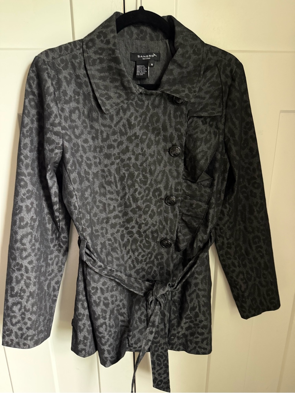 Sandro Black Leopard-Print Trench Jacket EUC.